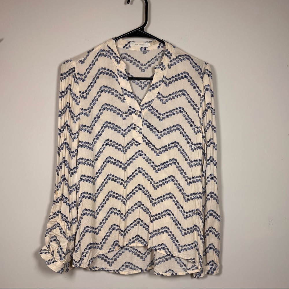 Blu Pepper Cream and Blue Patterned Blouse